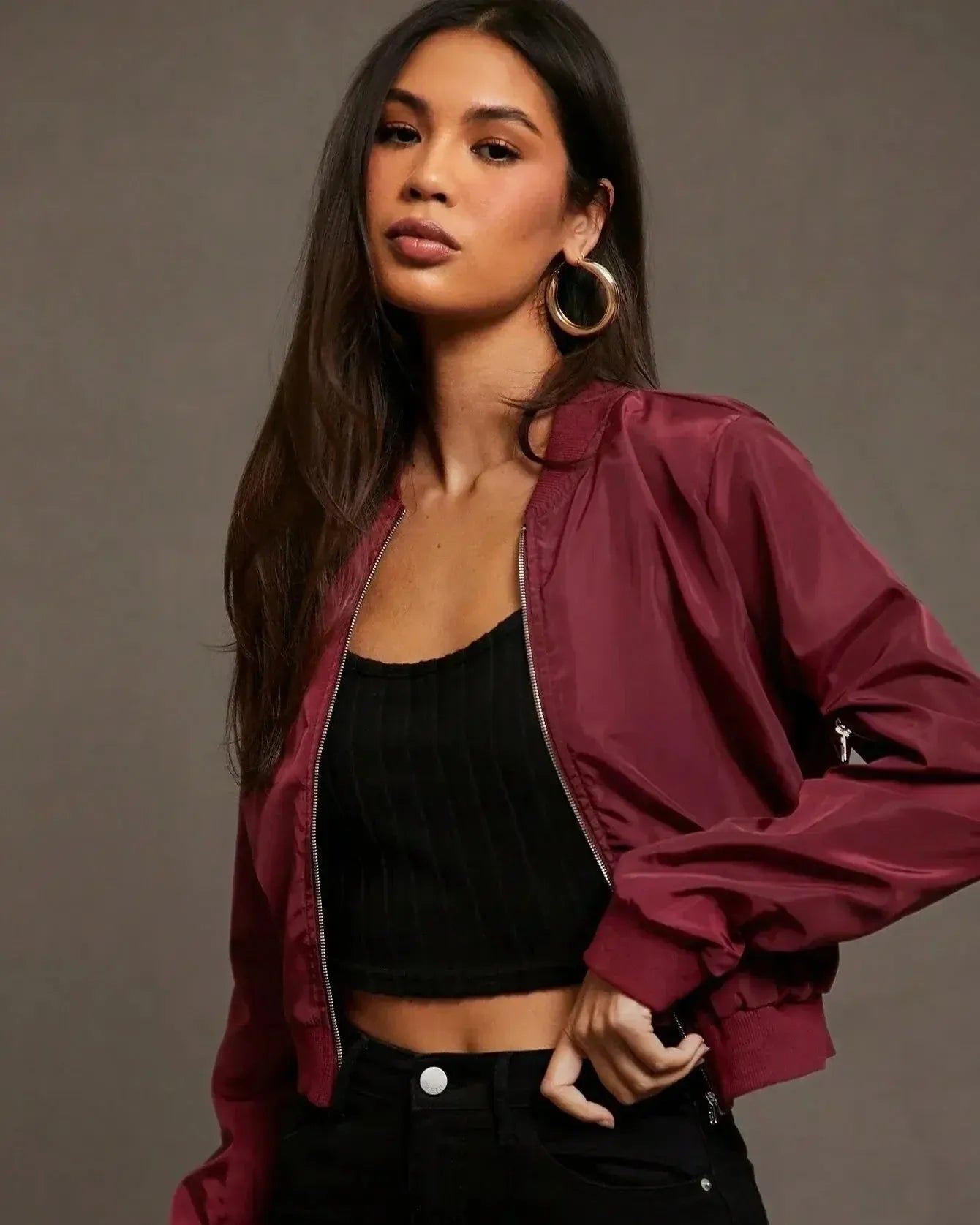 Burgundy cropped bomber jacket with front zipper and gathered sleeves