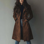 Valerie vintage long coat, dark brown with double-breasted button front and lapels