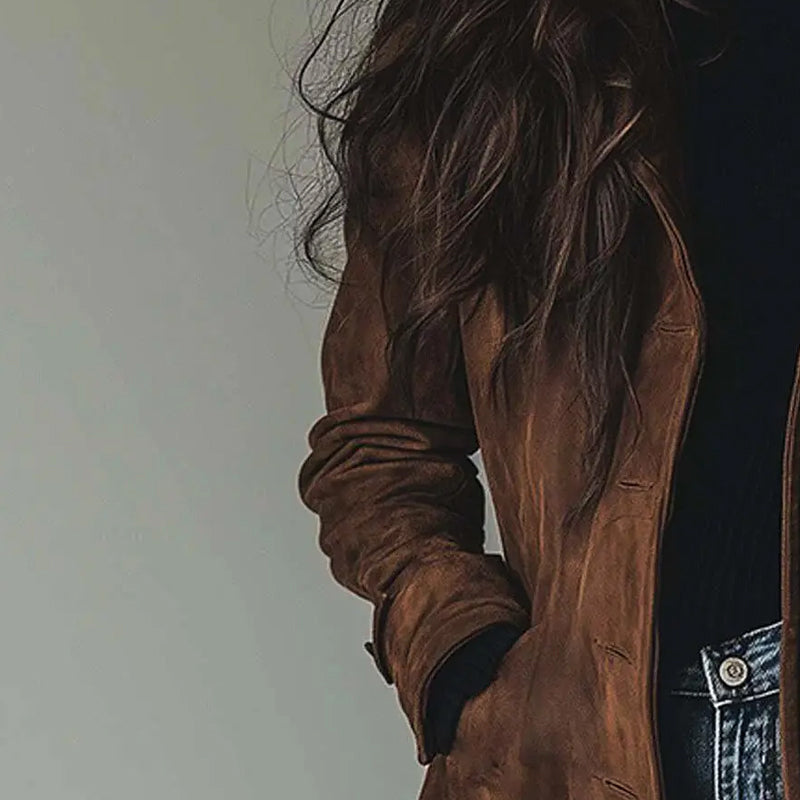 Valerie vintage long coat sleeve and shoulder detail, dark brown with button cuff