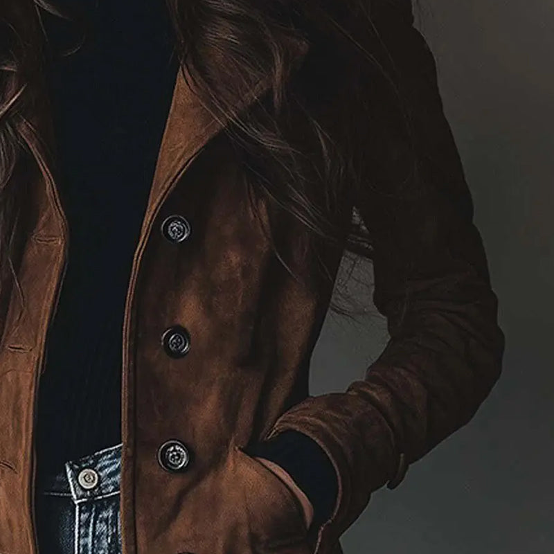 Valerie vintage coat front close-up: dark brown lapels with round buttons