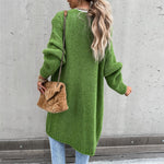 Long green knit cardigan with open front and side pockets, back close-up