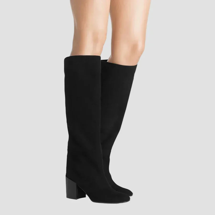 Anastasia knee-high black boots with wide block heel and rounded toe
