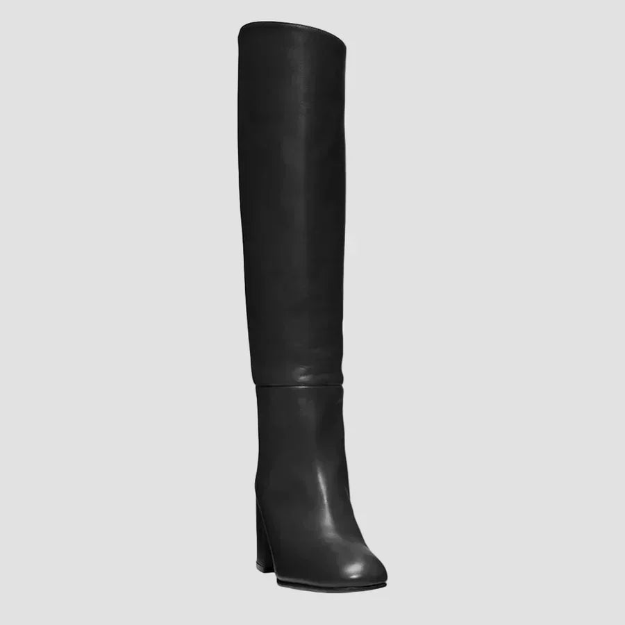 Anastasia knee-high black boots, tall shaft and wide block heel