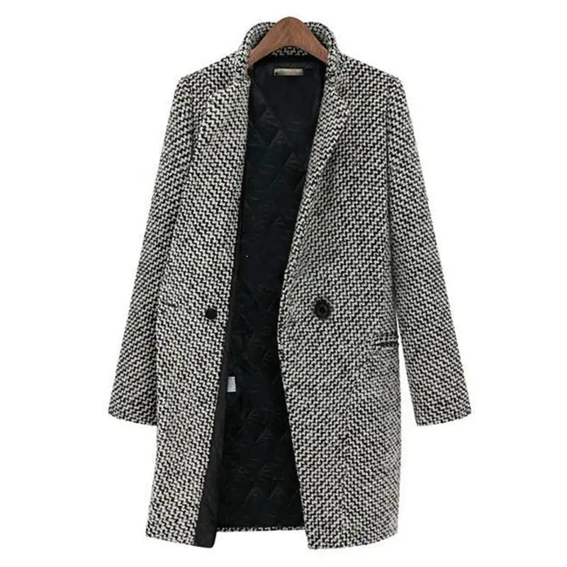 Black-and-white herringbone overcoat with notch lapels and two-button front