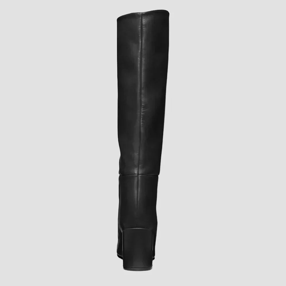 Anastasia knee-high black boots, back view with block heel