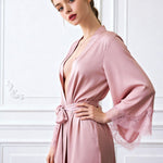 Rose satin short robe with V-neck, lace-trim cuffs, and tied waist belt