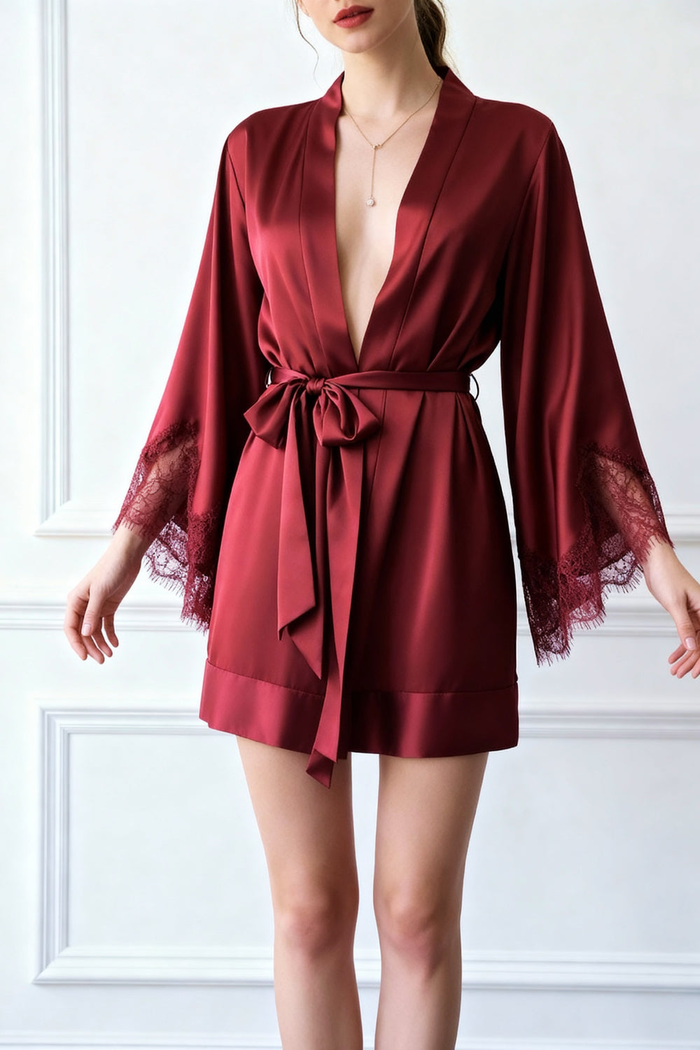 Red satin short robe with deep V neckline, waist tie, and lace sleeve cuffs