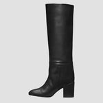 Anastasia knee-high black leather boots, chunky block heel