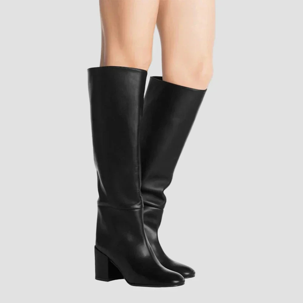 Anastasia knee-high black boots, wide block heel, sleek side panels