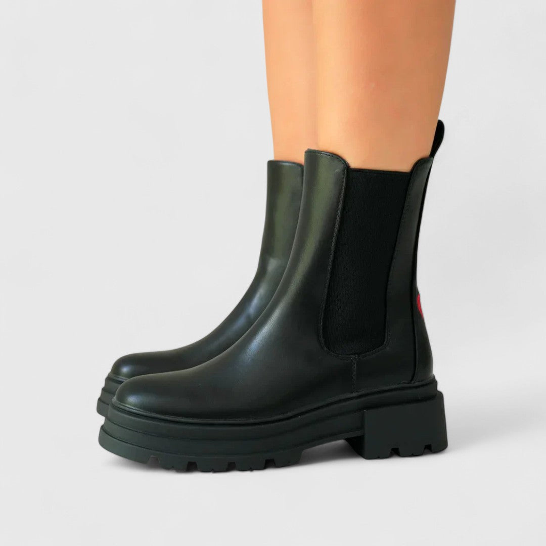 Rebecca black Chelsea ankle boots, thick lug sole, elastic side panels