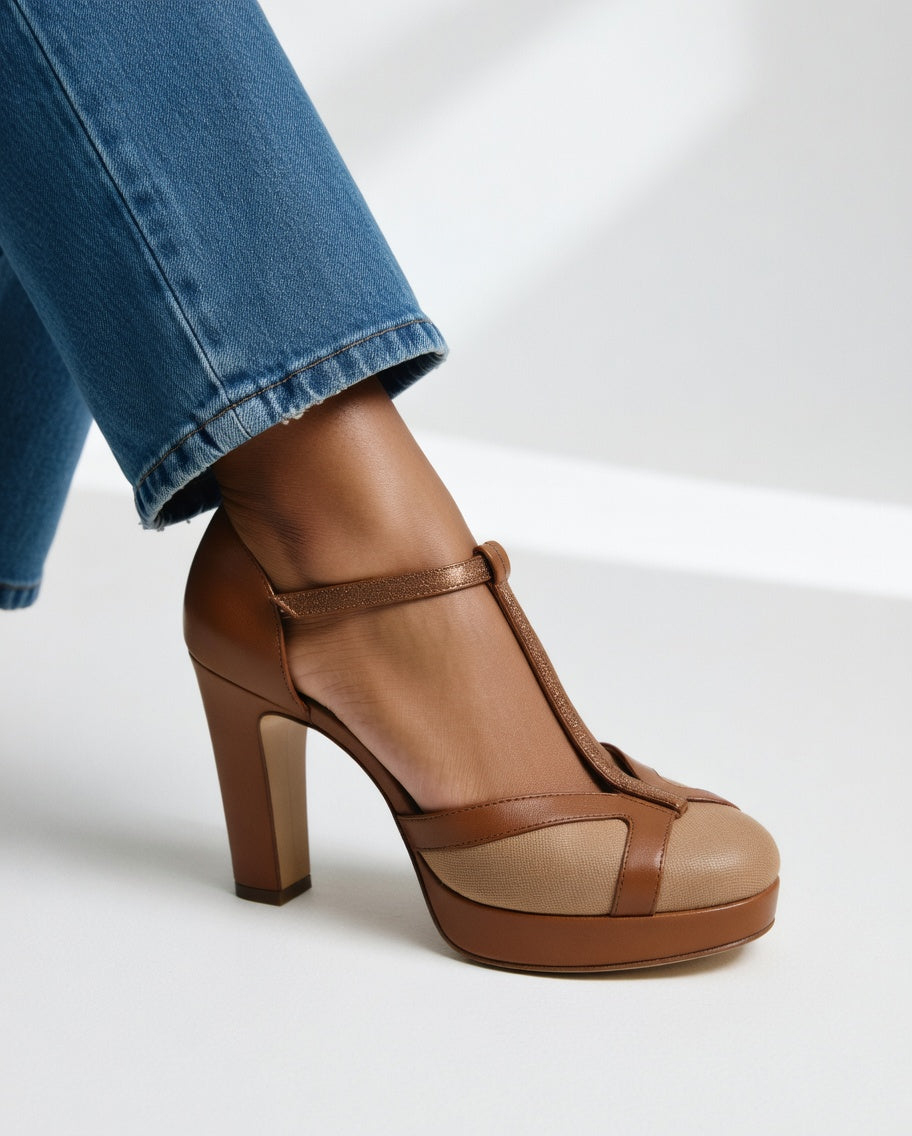 Eva comfort high-heel pumps brown with slim ankle strap and tan platform insert