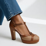 Eva comfort high-heel pumps brown with slim ankle strap and tan platform insert