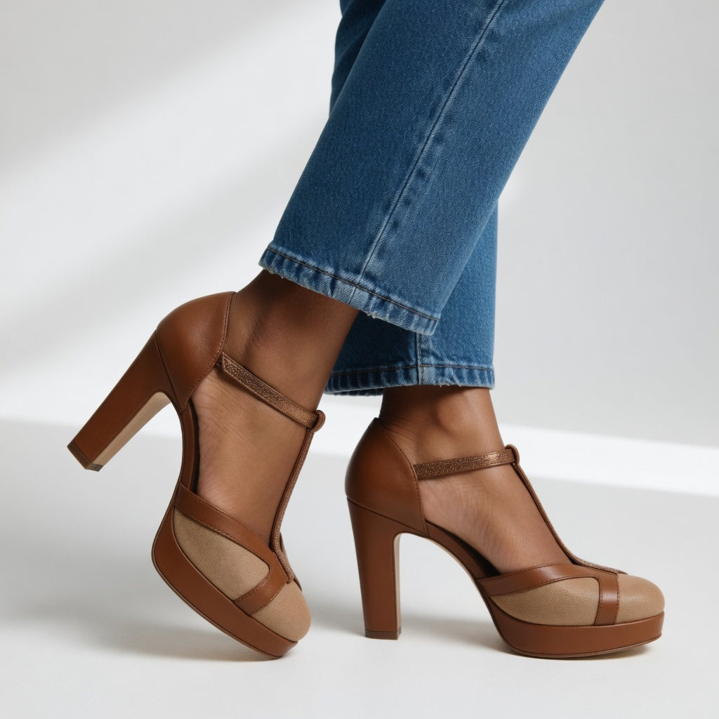 Eva comfort high-heel shoes brown with ankle strap, T-strap, and platform sole