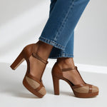 Eva comfort high-heel shoes brown with ankle strap, T-strap, and platform sole