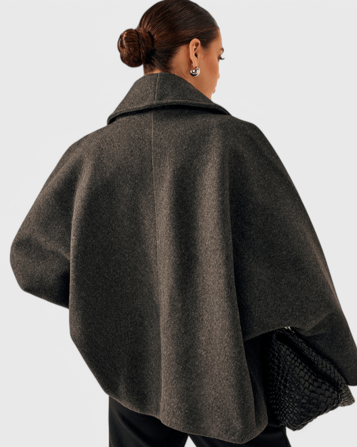 Dark gray tweed-look coat, back view, wide collar and relaxed shoulder shape