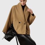 Beige tweed-look coat with wide lapels, two buttons, side flap pockets