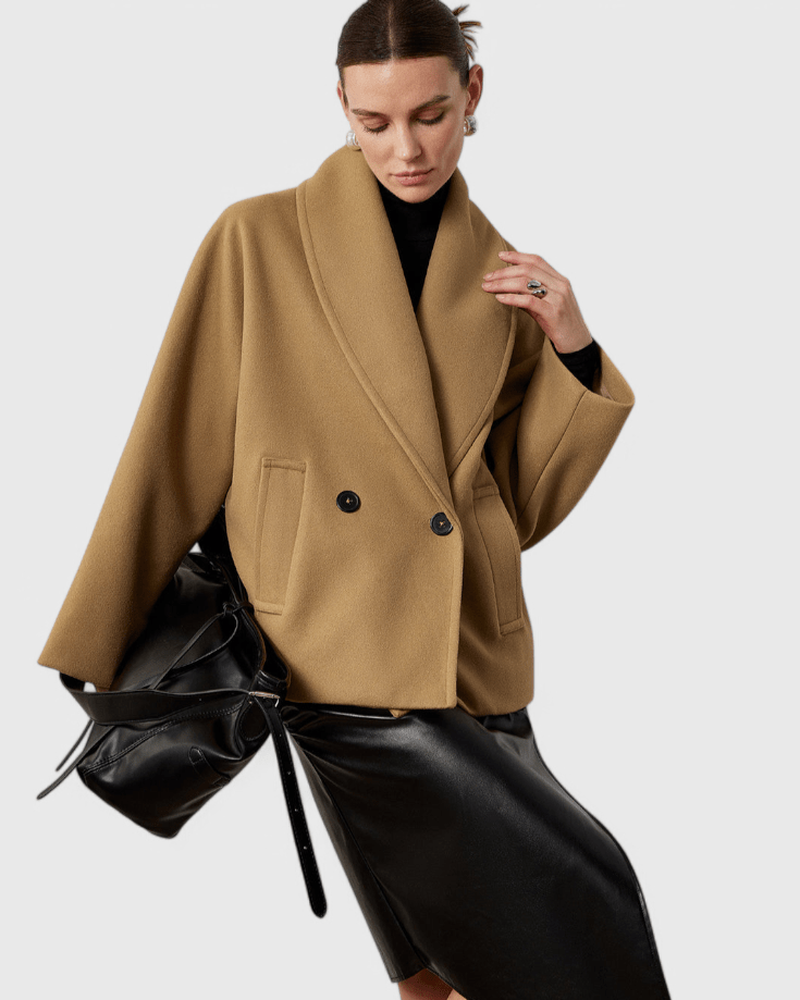 Beige tweed-look coat with wide lapels, two buttons, side flap pockets