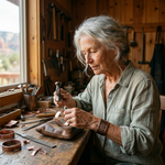 Copper cuff bracelet held up, rope-edge engraving and two oval rivets, Doina Bucaresti
