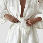 Lined two-piece shorts set, white blouse-style top and elastic waist shorts