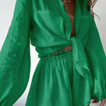 Lined two-piece shorts set, green long-sleeve top and elastic waist shorts