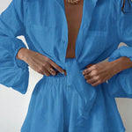 Lined two-piece shorts set, blue V-neck long-sleeve top and elastic waist shorts