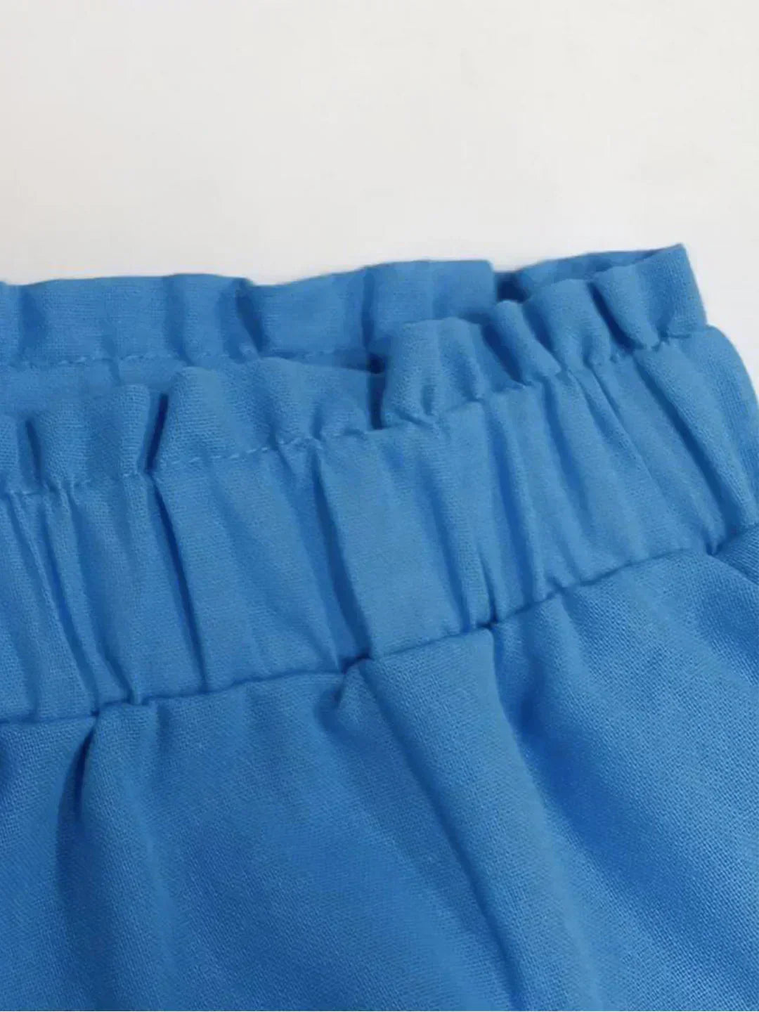 Blue lined shorts with elastic waistband and gathered waist detail