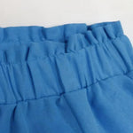 Blue lined shorts with elastic waistband and gathered waist detail