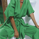 Green oversized V-neck tunic tied waist with flowing wide-leg pants
