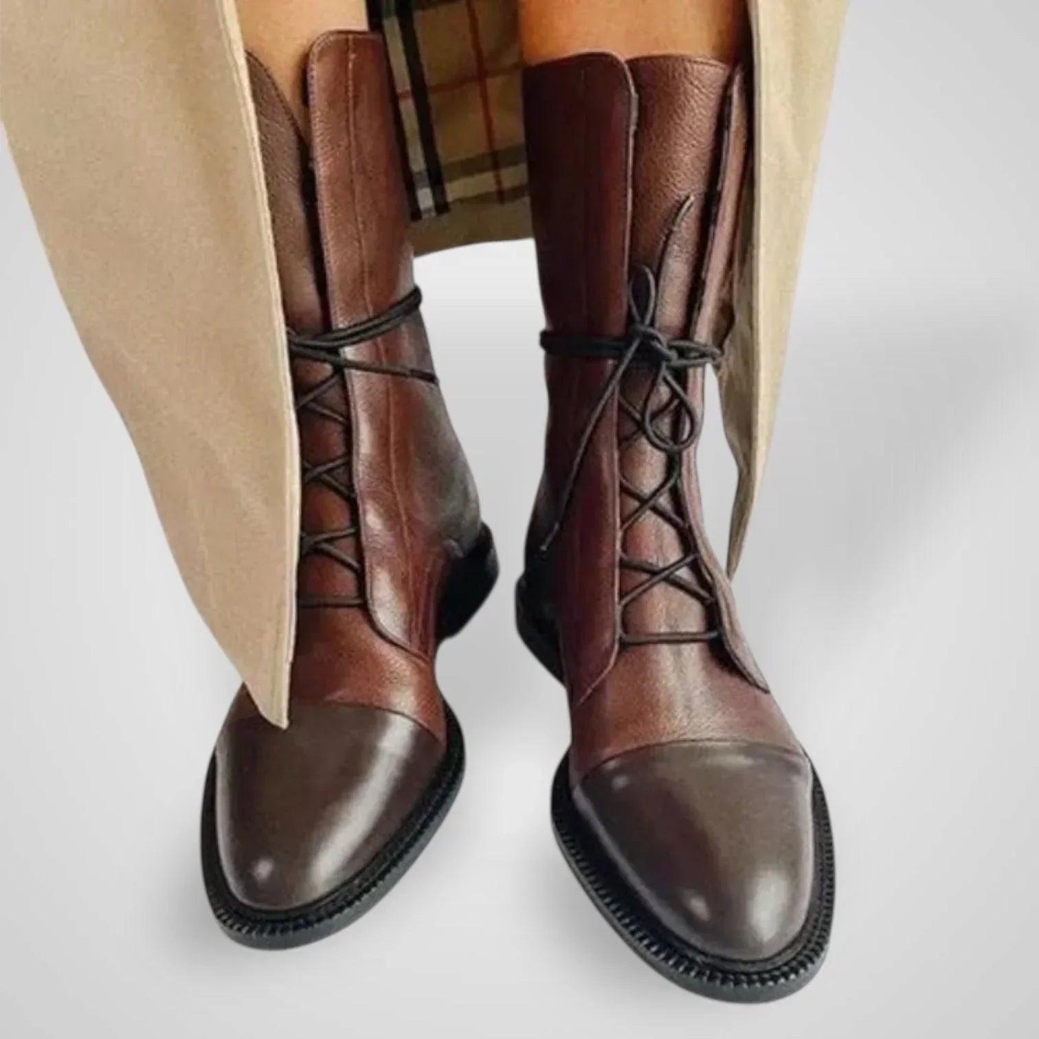 Vigi brown leather lace-up ankle boots with crisscross laces and rounded toe