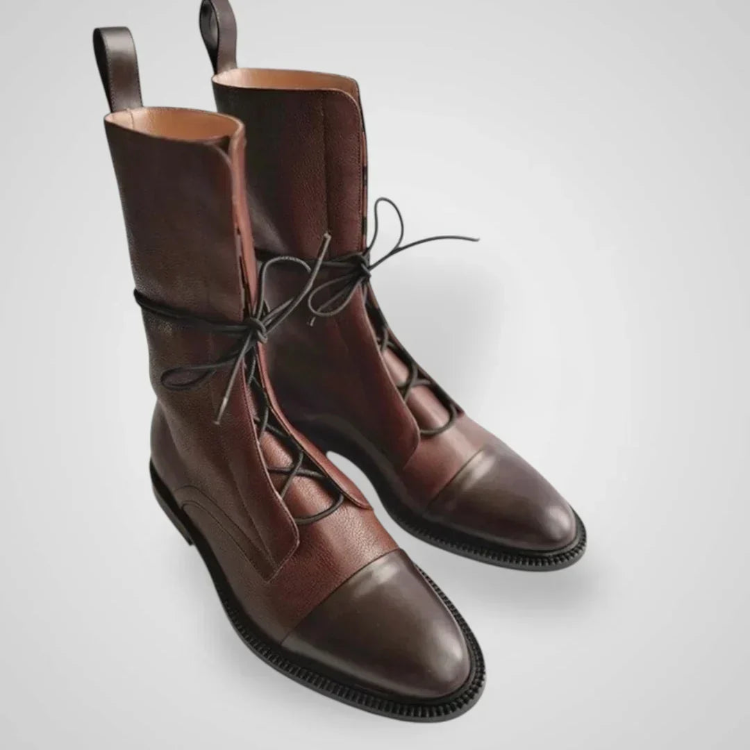 Vigi brown leather lace-up ankle boots with crisscross laces and smooth rounded toe