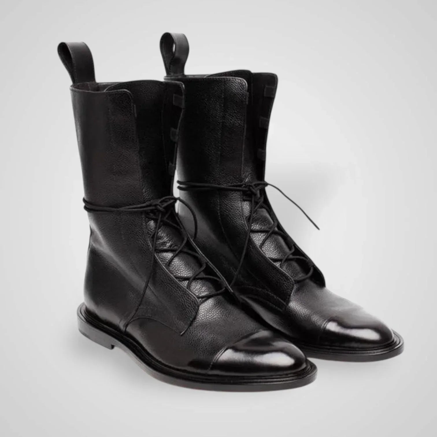Vigi black leather lace-up ankle boots with front laces and low-profile sole