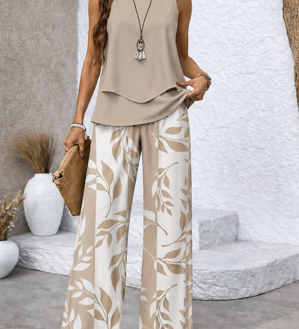 Soreviana desert leaf set with taupe sleeveless layered top and cream wide-leg pants