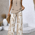 Soreviana desert leaf set with taupe sleeveless layered top and cream wide-leg pants