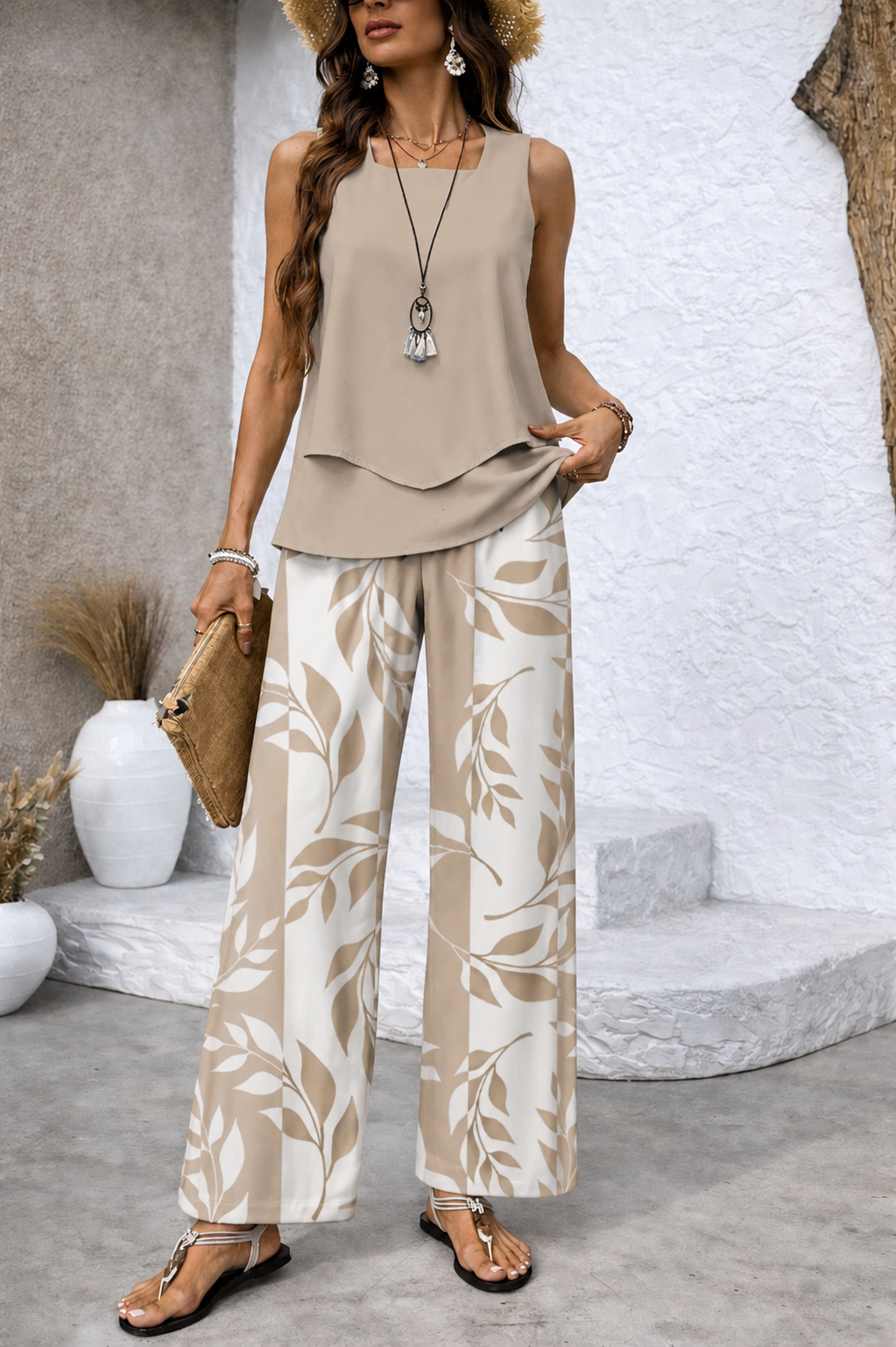 Soreviana desert leaf set with taupe sleeveless layered top and cream wide-leg pants
