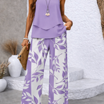 Lavender floral leaf print set: sleeveless layered top and wide-leg palazzo pants