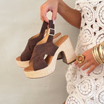 Iris heeled sandals, dark brown cross strap with gold buckle and textured jute heel