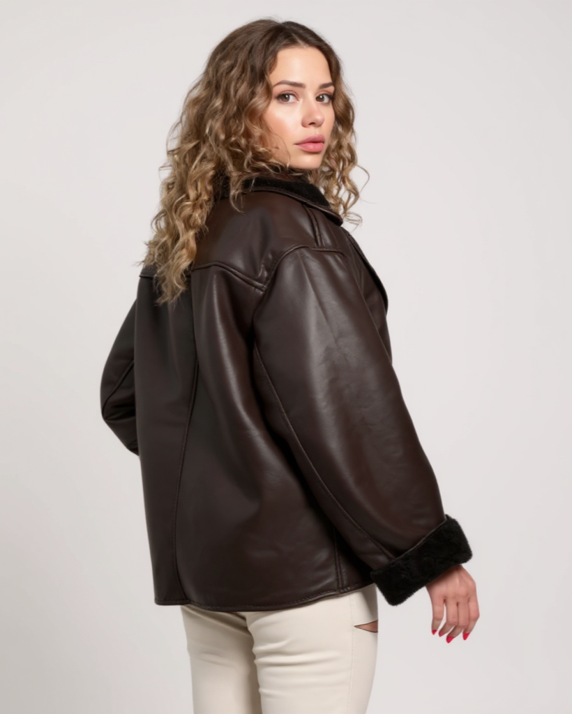 Women’s brown faux leather jacket with shearling cuffs and side view zip-front design