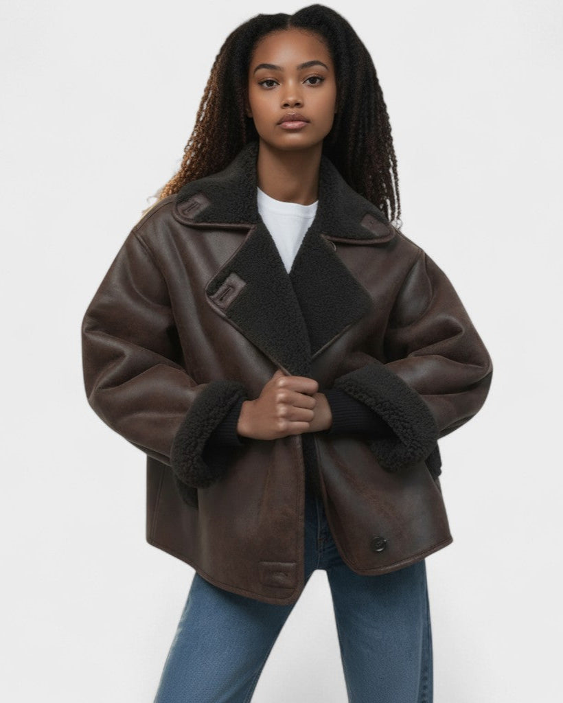 Women’s dark faux leather jacket with shearling-trim collar and flap pockets