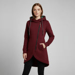 Burgundy winter parka with hood, full zipper, side pockets, and patterned hood lining