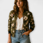 Dark floral zip-up bomber jacket with ribbed cuffs and waistband