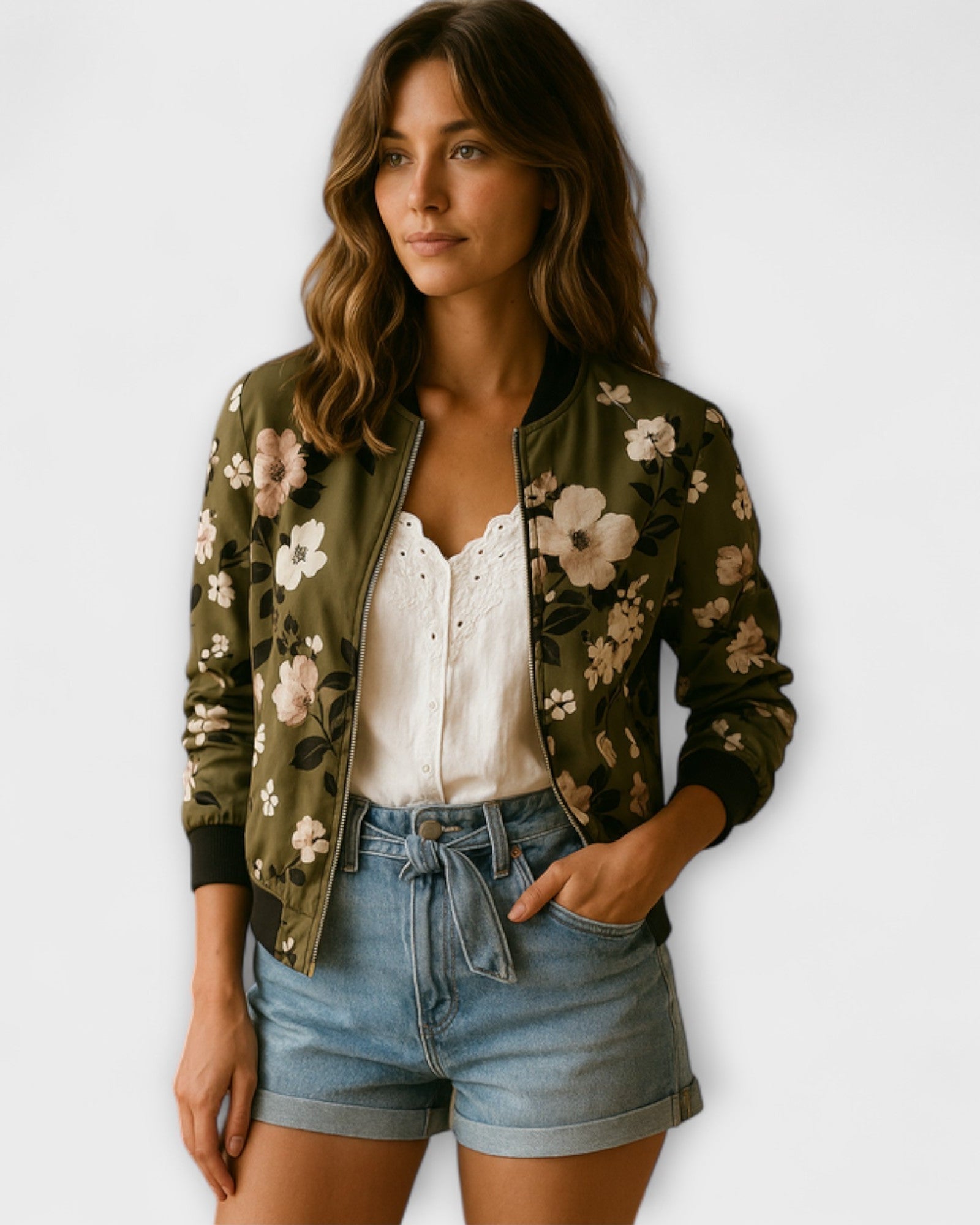Dark floral zip-up bomber jacket with ribbed cuffs and waistband