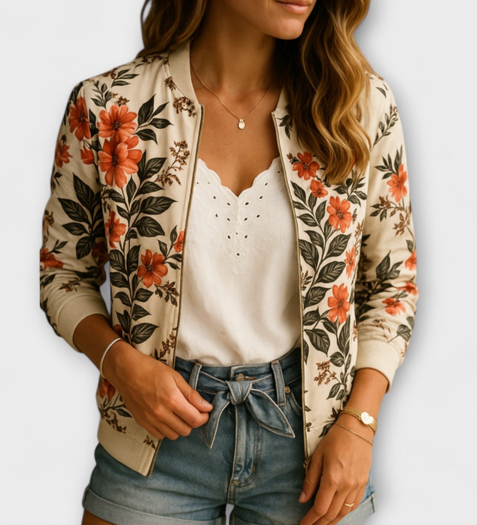 Cream floral zip-up jacket worn over white eyelet top