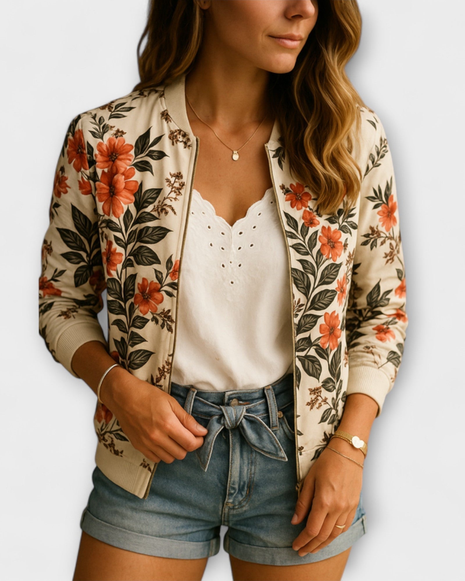 Cream floral zip-up jacket worn over white eyelet top