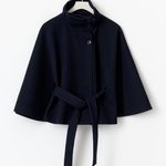Midnight blue short cape jacket with button front and waist tie belt