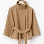 Tan short cape jacket with button front and waist tie belt