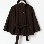 Brown short cape jacket with button front and tied waist belt