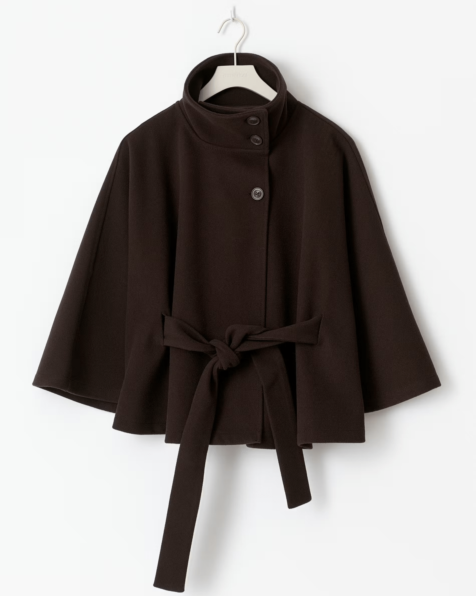 Brown short cape jacket with button front and tied waist belt