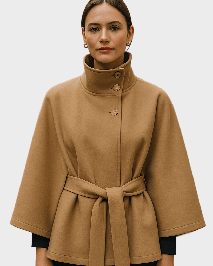 Camel belted jacket with high collar and button front, cape sleeves