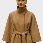 Camel belted jacket with high collar and button front, cape sleeves