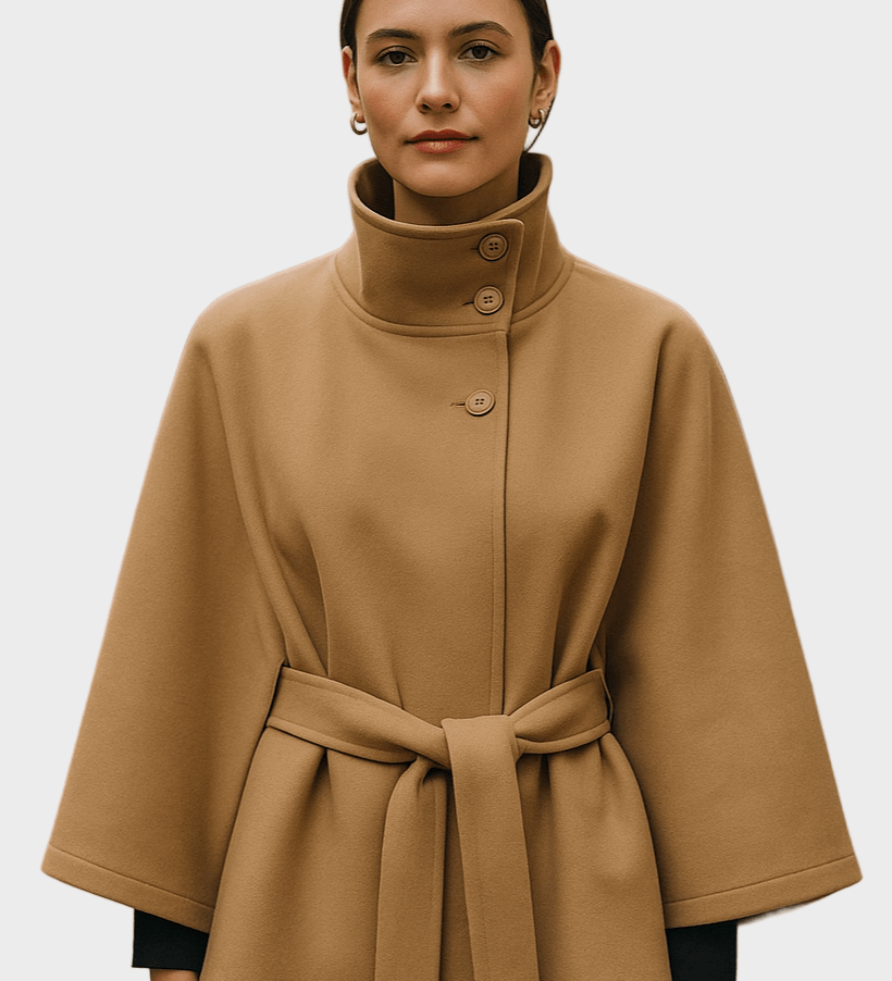 Camel belted jacket with high collar and button front, cape sleeves